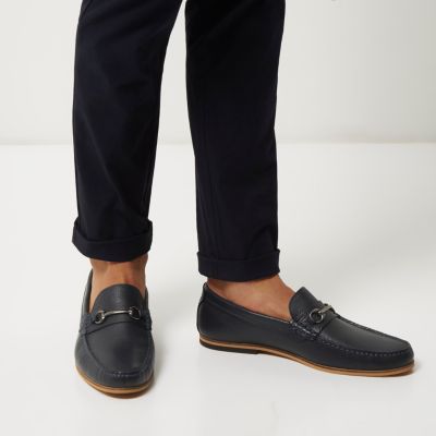 Navy leather snaffle loafers
